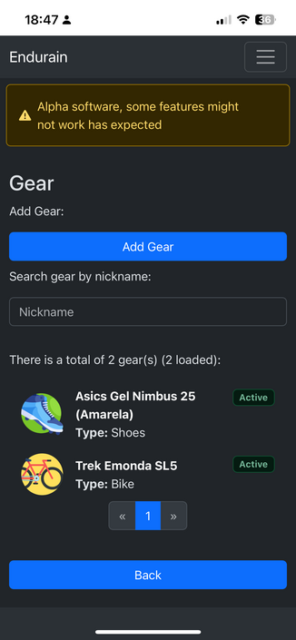 Endurain’s gear page with “Alpha software” warning banner