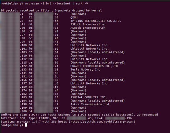 output of the command arp-scan -I br0 --localnet | sort -V