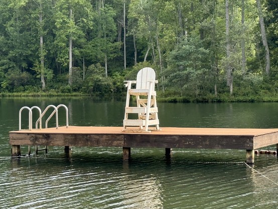 Lifeguard stand on a platform in a lake surrounded by forest. 