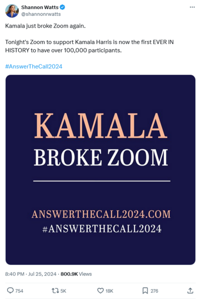 Tweet from Shannon Watts:

Kamala just broke Zoom again.   

Tonight's Zoom to support Kamala Harris is now the first EVER IN HISTORY to have over 100,000 participants.