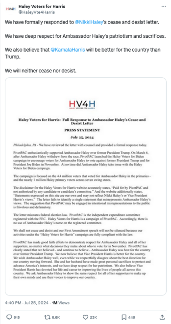 Tweet from HV4H -

We have formally responded to @NikkiHaley's cease and desist letter.  

We have deep respect for Ambassador Haley's patriotism and sacrifices. 

We also believe that @KamalaHarris will be better for the country than Trump.

We will neither cease nor desist.
