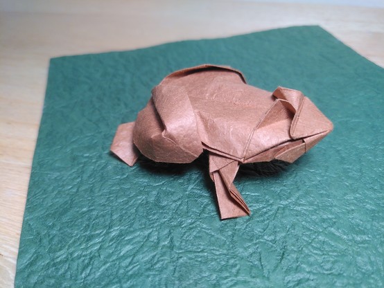 Un crapaud marron en origami Sur une feuille verte. Il a des yeux qui lui sortent un peu de la tête, des magnifiques pattes de derrière repliées, des pattes avant qui sortent bien, et un museau avec une mâchoire inférieure saillante. Je le trouve vraiment superbe :)