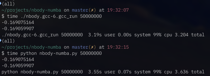 timing results of running an n-body simulation written in C (taking 3.204 seconds) and one written in Python using the numba just-in-time compiler (3.636 seconds).