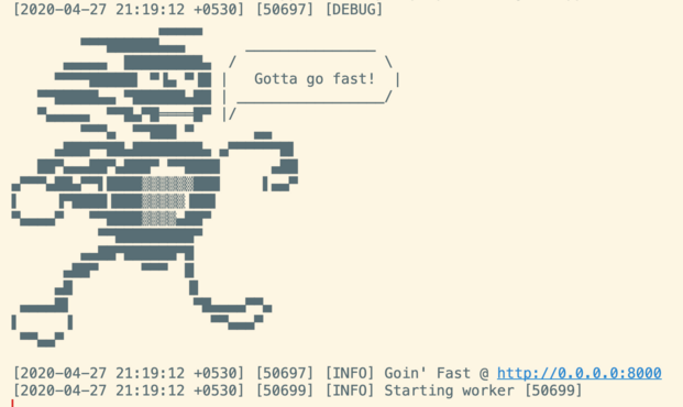 Development console of SANIC framework, showing an ASCII art of the Sanic meme with the speech bubble with Sonic's catchphrase 
