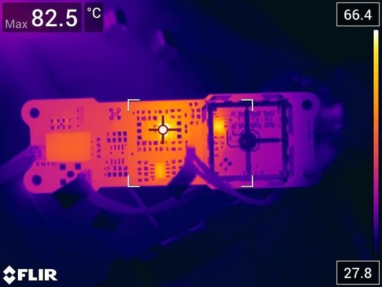 A thermal image showing the temperature of a PCB (The transimpedance amplifier board)

The image shows a hotspot that is being read out at 82.5°C