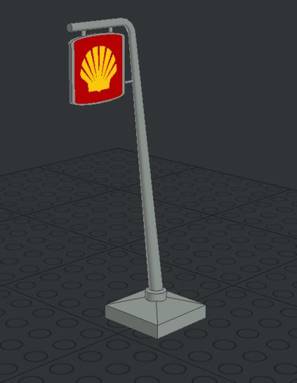The cantilevered Shell petrol station sign from LEGO set 601 released in 1978 shown in the program LeoCAD.
