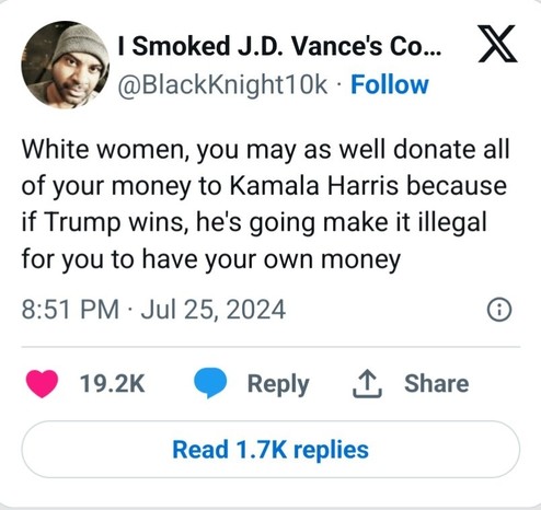 I Smoked J.D. Vance's Couch
@BlackKnight10k

White women, you may as well donate all of your money to Kamala Harris because if Trump wins, he's going make it illegal for you to have your own money

8:51 PM · Jul 25, 2024