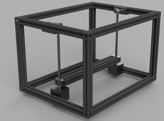 A basic render of an aluminium frame with two leadscrews with a bar between them