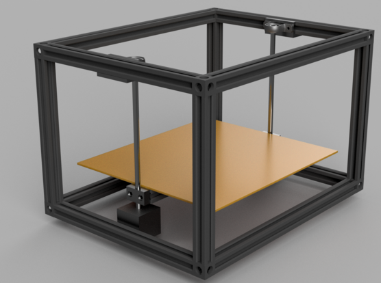 A basic render of an aluminium frame with two leadscrews holding an orange platform. 