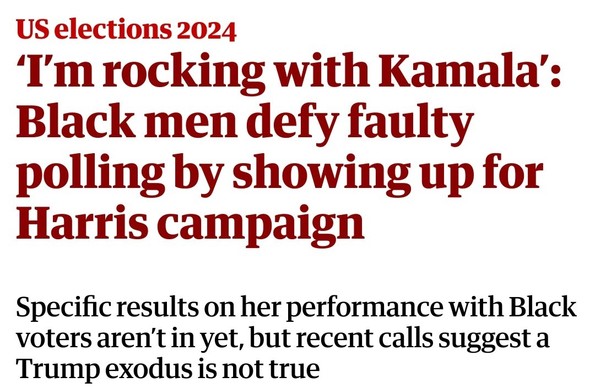 I’m rocking with Kamala’: Black men defy faulty polling by showing up for Harris campaign

Specific results on her performance with Black voters aren’t in yet, but recent calls suggest a Trump exodus is not true