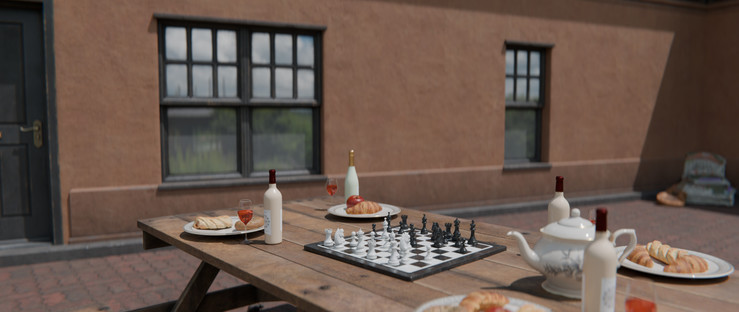 A CGI Render of a camping table filled up with a chess game and breakfast near a house wall on a paved ground.
the image focus is on the table with the rest being just set dressing