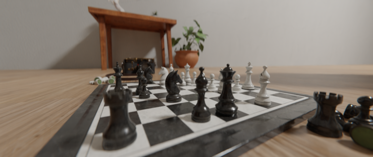 A CGI Render closeup of a Chess Game in a sparsely decorated Living Room.