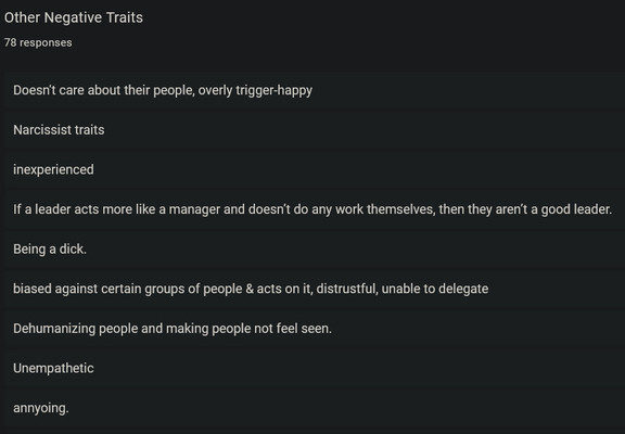 Other Negative Traits: Doesn't care about their people, overly trigger-happy, Narcissist, Inexperienced
