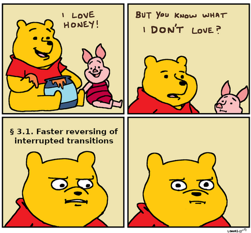 EATMYPAINT Winnie the Pooh meme saying, I love honey! But you know what I don't love? 3.1 Faster reversing of interrupted transitions
