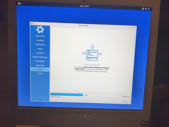 NixOS install progress screen at 46%