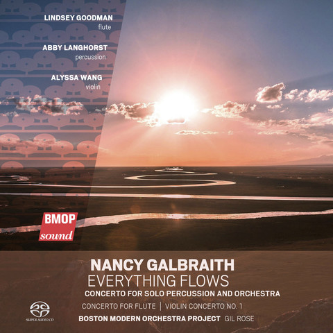 Cover of Nancy Galbraith and Boston Modern Orchestral Project’s BMOP/sound album “Everything Flows”, featuring a photo of a river snaking through a flat landscape into the distance, under a sky with scattered clouds with the sun low in the sky.
