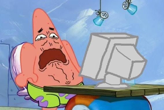 A cartoon character cringing at a computer