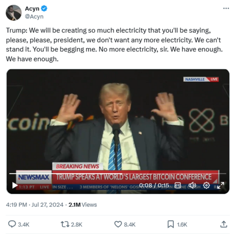 Tweet from Acyn with video of trump speaking at BitCoin conference -
