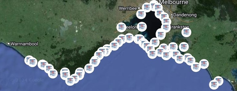 A screenshot of Google Maps showing saved locations to visit along the Great Ocean Road nearby Melbourne, Victoria, Australia.