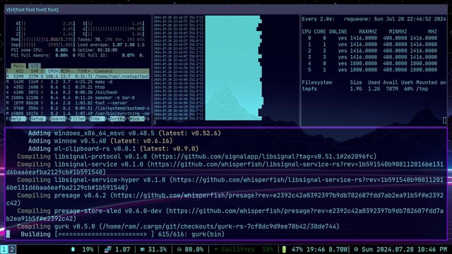 A swaywm (tiling window compositor) setup with three small windows across the top: htop, my own temperaturechart script (link to my codeberg in my bio), and a `watch` window showing the output of my cputoggle script and `df -h /tmp`.

The bottom full-length window is the rust compilation progress.