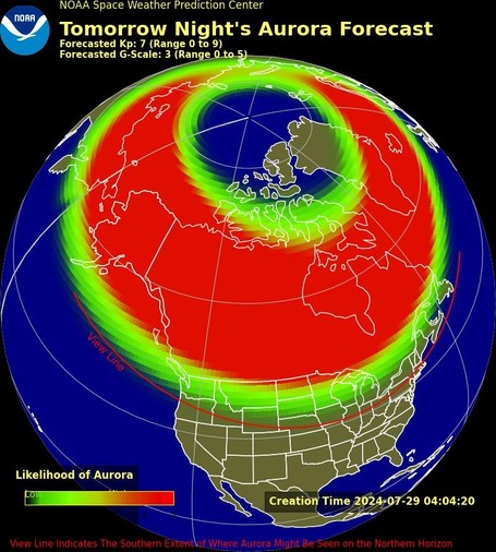 Color graphic of the Earth's northern hemisphere and north America showing possible extent of aurora tomorrow night. 