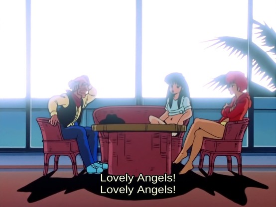 Kei and Yuri from Dirty Pair are speaking with a bald old man. Both reply: Lovely Angels!