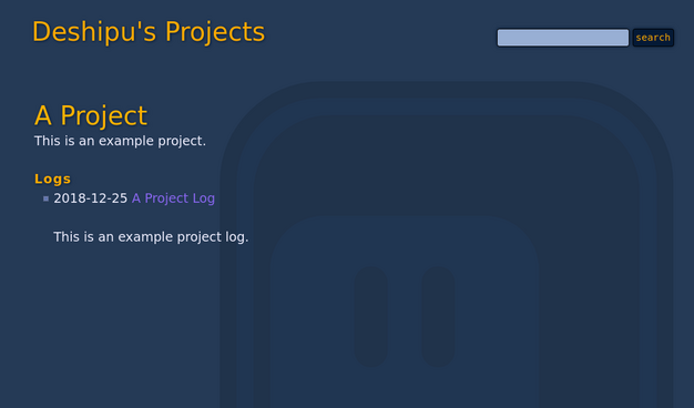 a dark blue website showing an example project with an example project log
