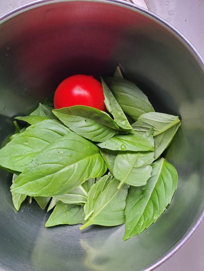 Green leaves piled at the bottom of a metal bowl with a small, bright red tomato