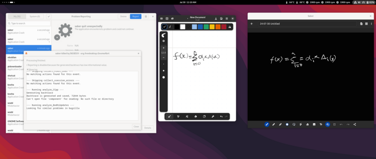 three windows arranged horizontally, gnome bug report on the left, Rnote in the middle, Saber on the right. Rnote and Saber displaying step function equation