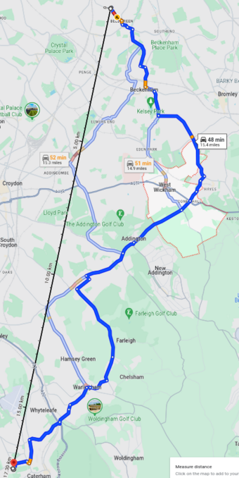 map showing distance between Forest Hill and Caterham 