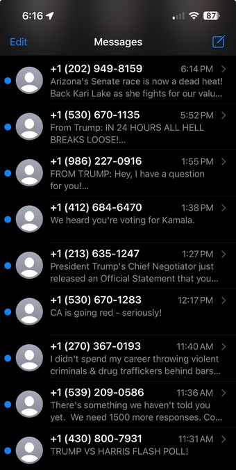 A screenshot of a text message inbox with a tsunami of political campaign messages.