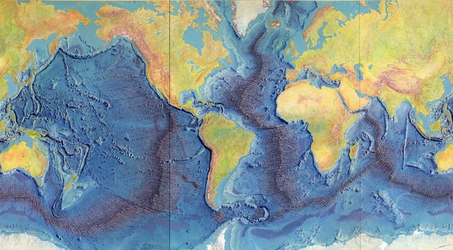 Flat world map, showing mountain ranges and rift valleys on floor of oceans. Heinrich Berann’s 1977 painting of the Heezen-Tharp “World Ocean Floor” map, a landmark in cartography. Geography and Map Division.