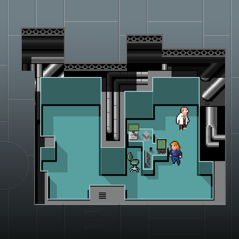 pixel art of space ship cut-away showing interior people and rooms.