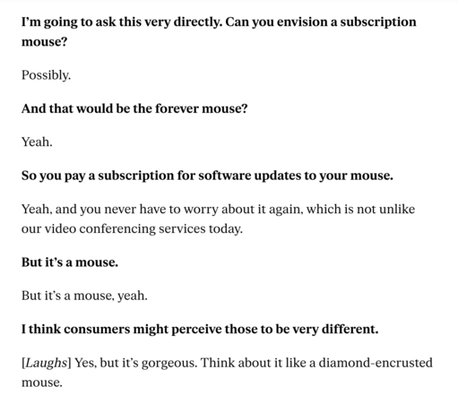 Interview lines between The Verge and Logitech CEO where she says she envisions a subscription mouse service.