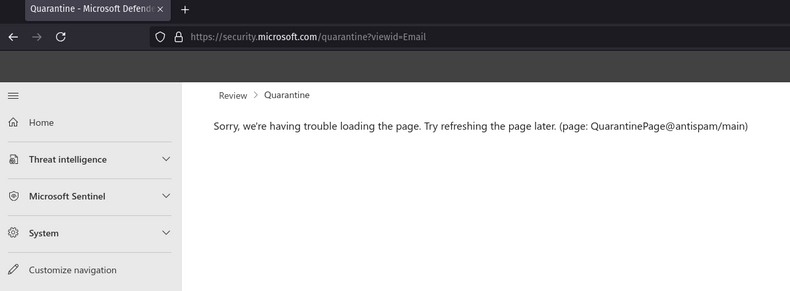 An error message on the Microsoft email quarantine page.