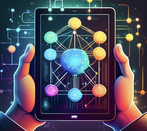 A tablet device with a network diagram on it being held with two hands.