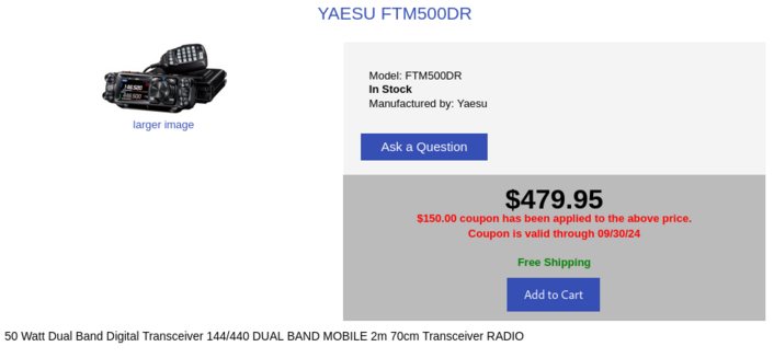Screenshot of the Yaesu FTM-500DR page at R&L Electronics online store