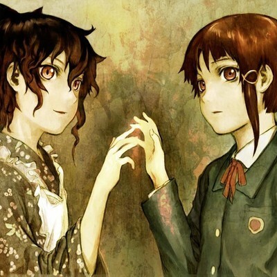 My old pfp showing lain from serial experiments lain and ain from despera (unreleased anime) touching hands.