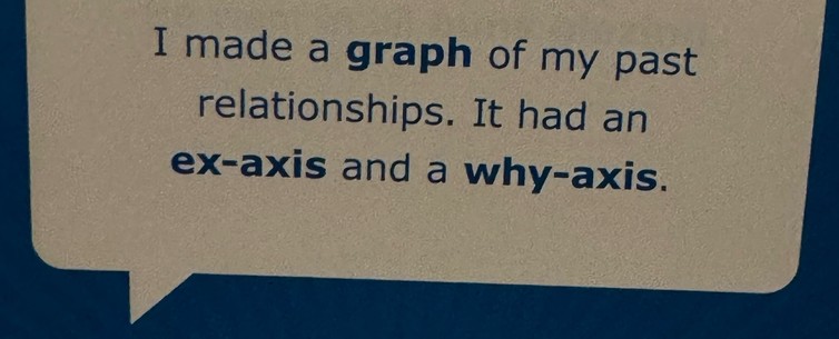 Photo of part of a dad-joke calendar saying, “I made a graph of my past relationships. It had an ex-axis and a why-axis.”