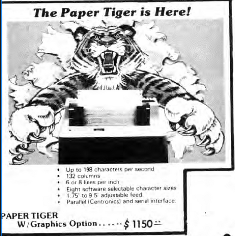 Advertisement for Paper Tiger printer from the first issue of nibble.  Only $1150 in 1980!