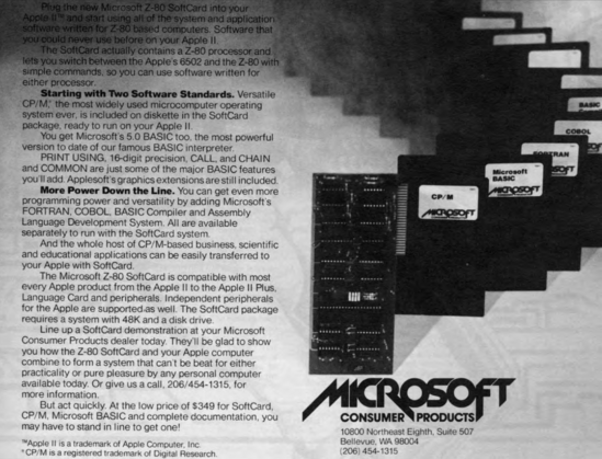 MS ad in nibble magazine for the Z80 Softcard.