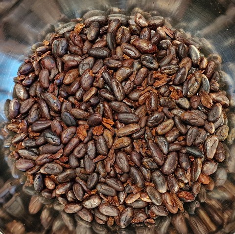 Top down view of the resulting cocoa nibs in a large steel bowl.