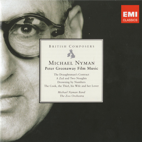 Cover of Michael Nyman’s EMI Classics album “Michael Nyman – Peter Greenaway Film Music”, featuring a partial head shot of the composer - looking right at the camera - on a black background