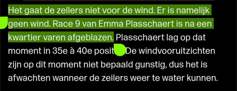 Het gaat de zeilers niet voor de wind. Er is namelijk geen wind. race 9 van Emma Plasschaert is na een kwartier varen afgeblazen.