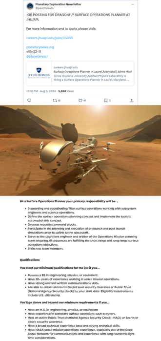 1. Tweet from Planetary Exploration Newsletter with job announcement
2. Artist impression of DragonFly on the surface of Titan.
3. Job qualifications