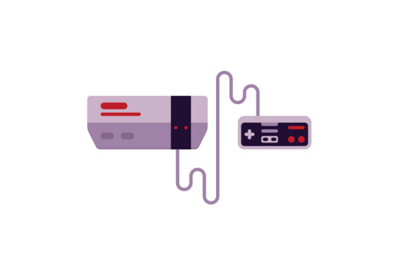 Illustration of a NES (Nintendo Entertainment System) console, using a simple geometric style and a pallette consisting of different shades of violet and a red