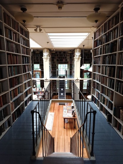 Photo from the second floor of the library between the bookshelves looking down one of the narrow wrought iron staircases.