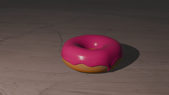 cgi yellow donut with bright pink shiny icing over the top and dripping down  the sides, sitting on a white marble counter top.