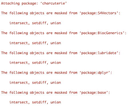 package loading messages showing the set operations intersect, setdiff, and union being masked 5 different times, presumably in order to create a new generic each time.