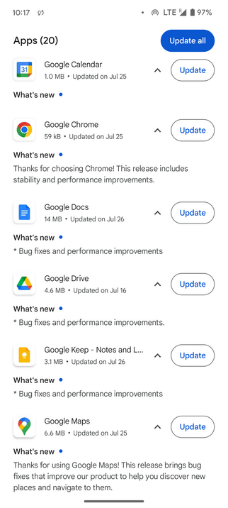 A screenshot of the Google Play Store opened on the update screen, having listed Google apps as updatable and change log for each app is 
